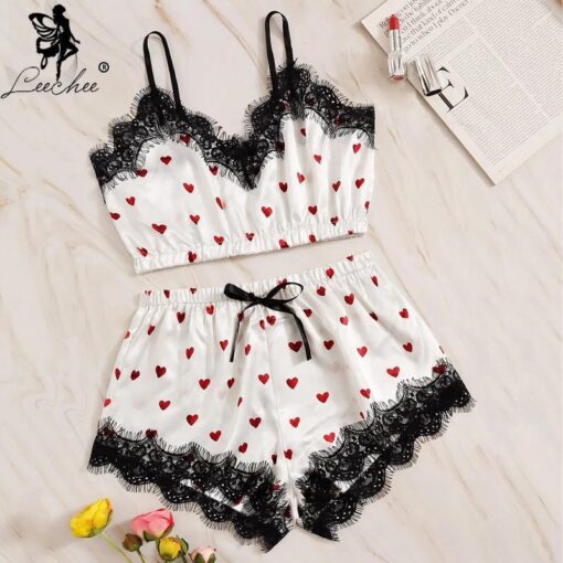 Women Satin Sleepwear Nightwear Set Pajamas Sling Top Shorts Sexy V Neck Lace