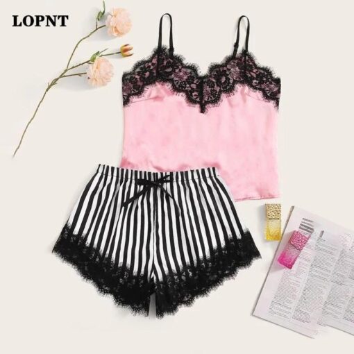 Women Satin Sleepwear Nightwear Set Pajamas Sling Top Shorts Sexy V Neck Lace